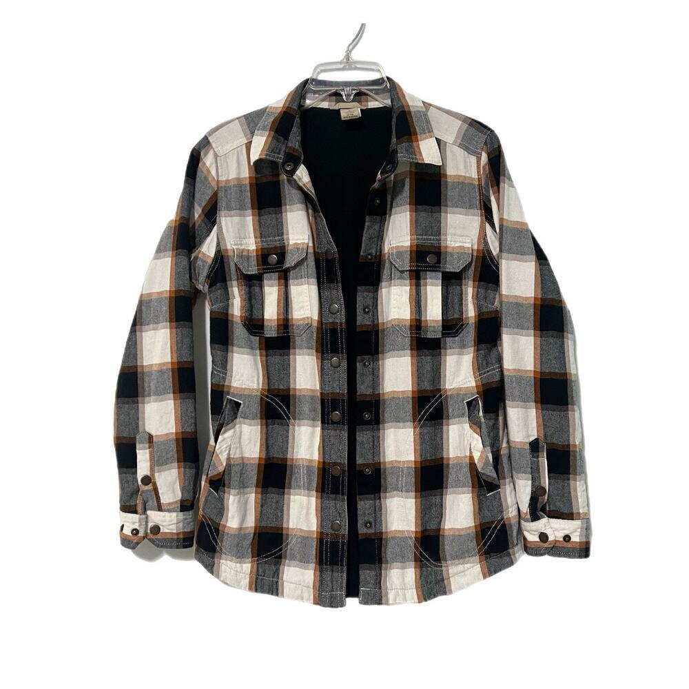 Duluth Trading Co Flannel Shacket Women Small Fleece Lined Brown Black Plaid